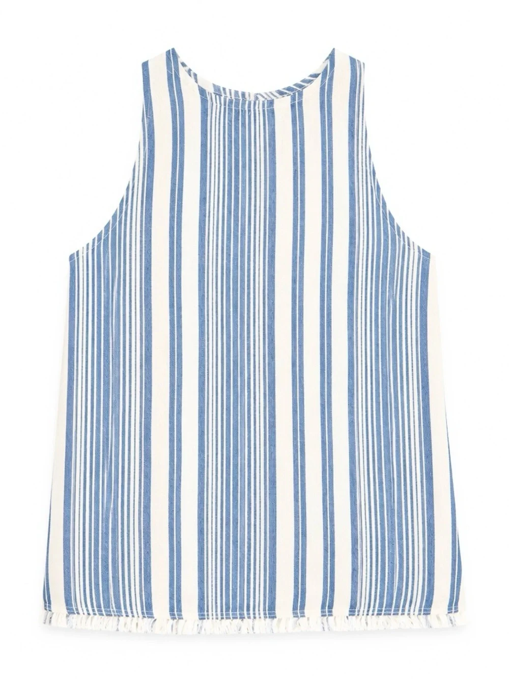 BELLA DAHL BLUE WHITE STRIPE SAND PEOPLE COASTAL LINEN FRINGE BOHO TOP SZ L NWT - Picture 2 of 7